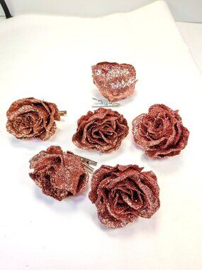 Set of 6 Pink Rose Gold Glitter Roses Clip-On Christmas Ornaments 2.75"